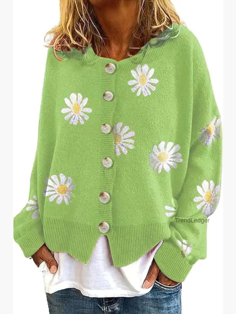 Trendy Daisy Floral Ribbed Knit Cardigan Button Down Loose Crop Sweater Coat - Picture 1 of 4
